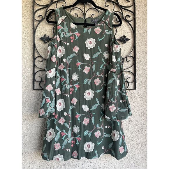 Luxology Floral Embroidered Cold Shoulder Flare Sleeve Dress-size 6- Green/Pink - Picture 1 of 13